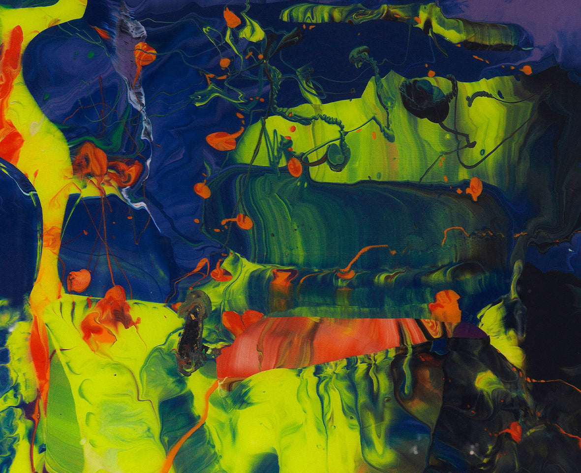 Detailaufnahme des Kunstwerks „Aladin P11“ von Gerhard Richter – fließende Farbverläufe in Blau, Grün und Rot.