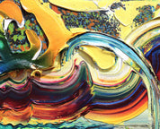 Detail des Gemäldes ‘Happy #2’ von Brixy – dynamische Farbstrudel in Gelb, Blau und Rot mit pastosen Strukturen.