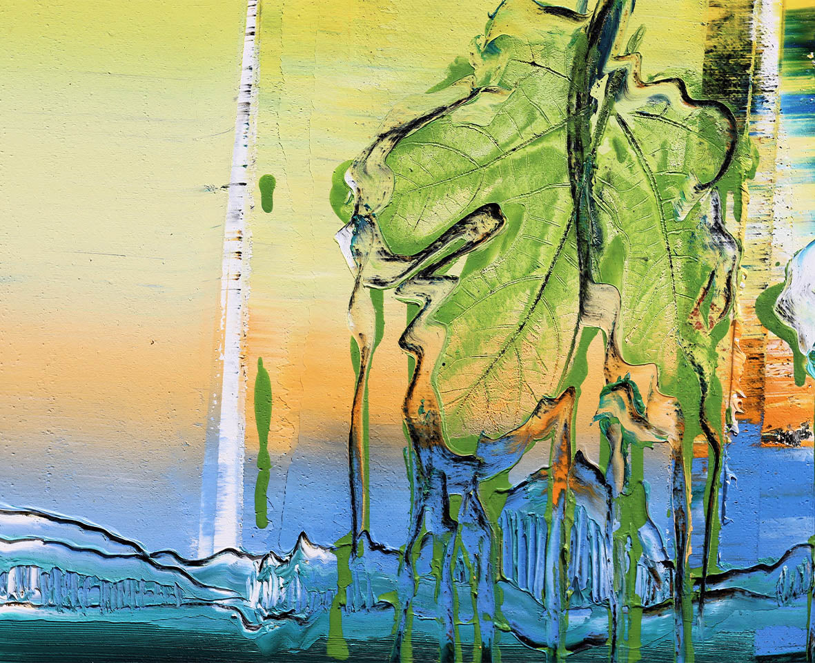 Detail des Gemäldes ‘Happy #2’ von Brixy – grüne Blattformen, fließende Strukturen und sanfte Farbverläufe in Blau und Gelb.