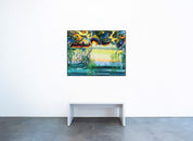 Gemälde ‘Happy #2’ von Brixy in der Geuer & Geuer Art Galerie – abstrakte Landschaft in Blau- und Gelbtönen mit dynamischen Formen.