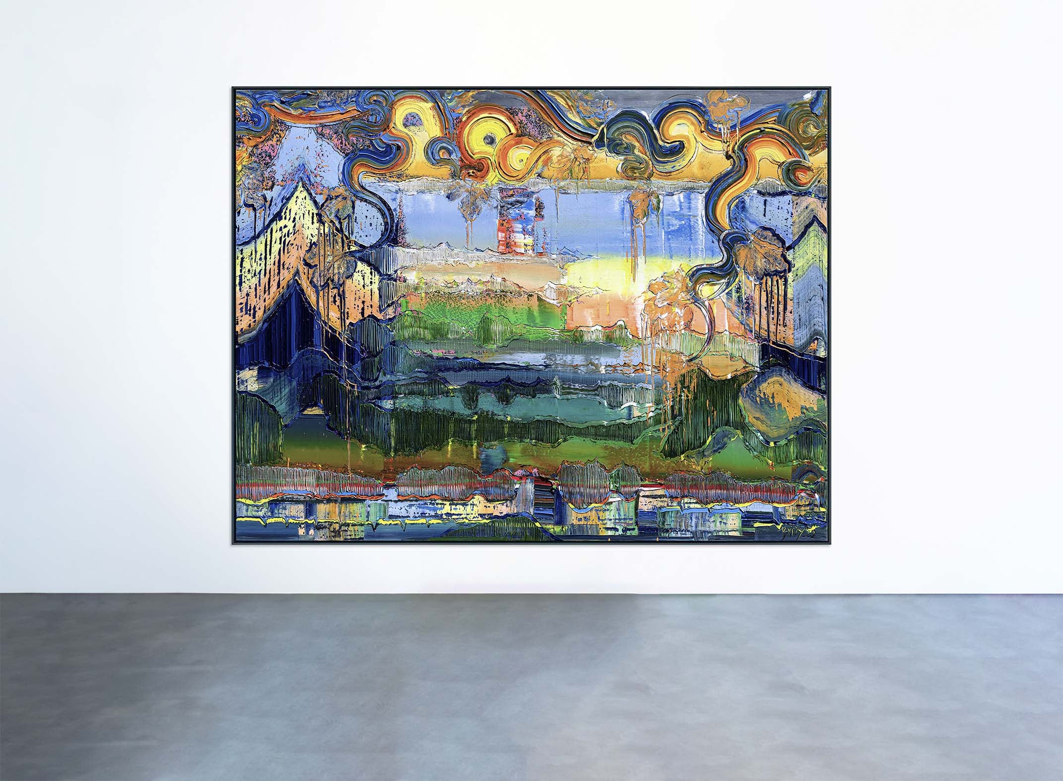 Gemälde ‘Journey’ von Brixy in der Geuer & Geuer Art Galerie – abstrakte Landschaft mit tiefen Blautönen und goldenen Akzenten.