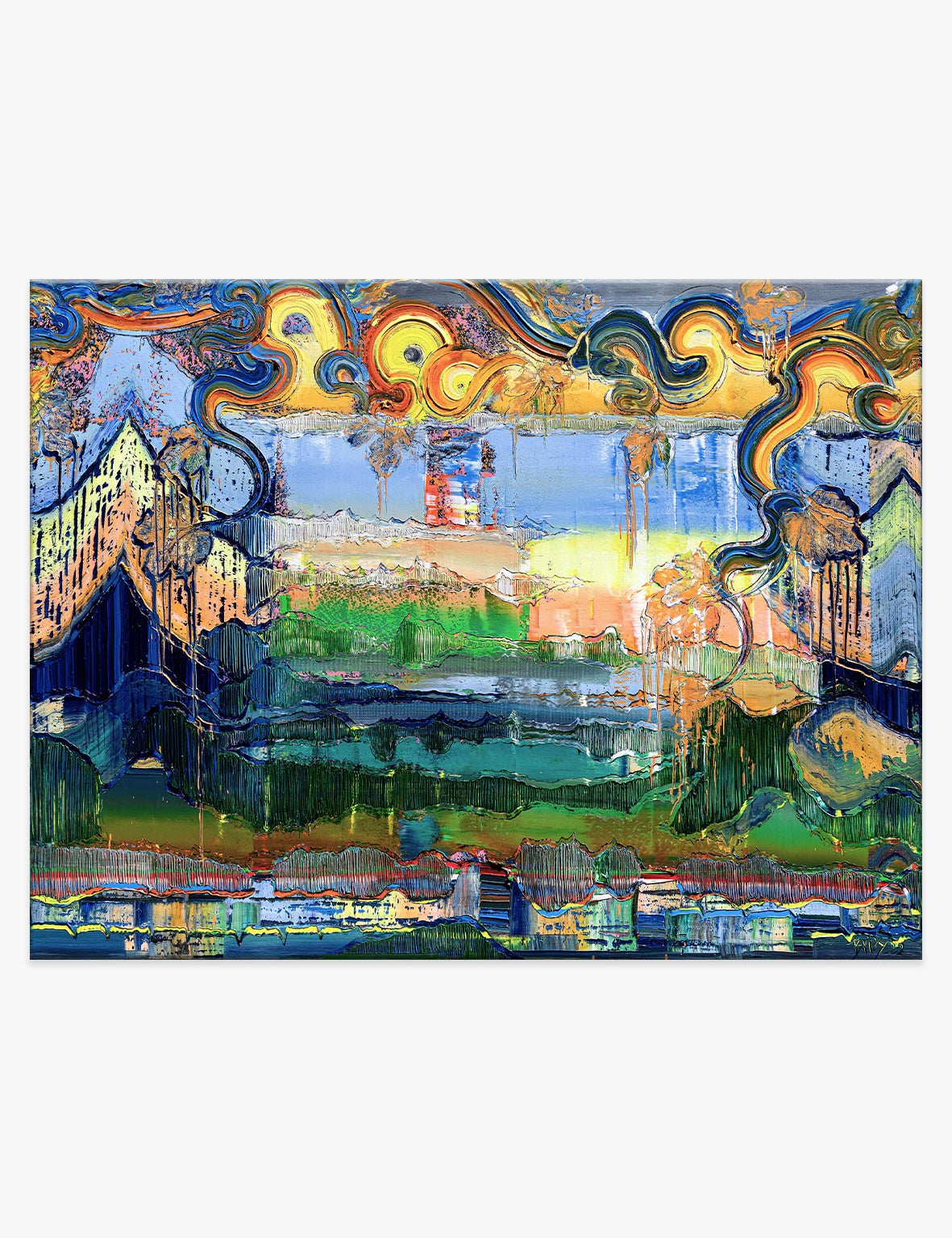 Abstraktes Gemälde ‘Journey’ von Brixy – leuchtende Farben, dynamische Strukturen und tiefes Landschaftsmotiv mit architektonischen Elementen.