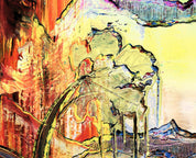 Detail des Gemäldes ‘Journey’ von Brixy – goldene Strukturen, fließende Formen und pastose Texturen mit landschaftlichen Elementen.
