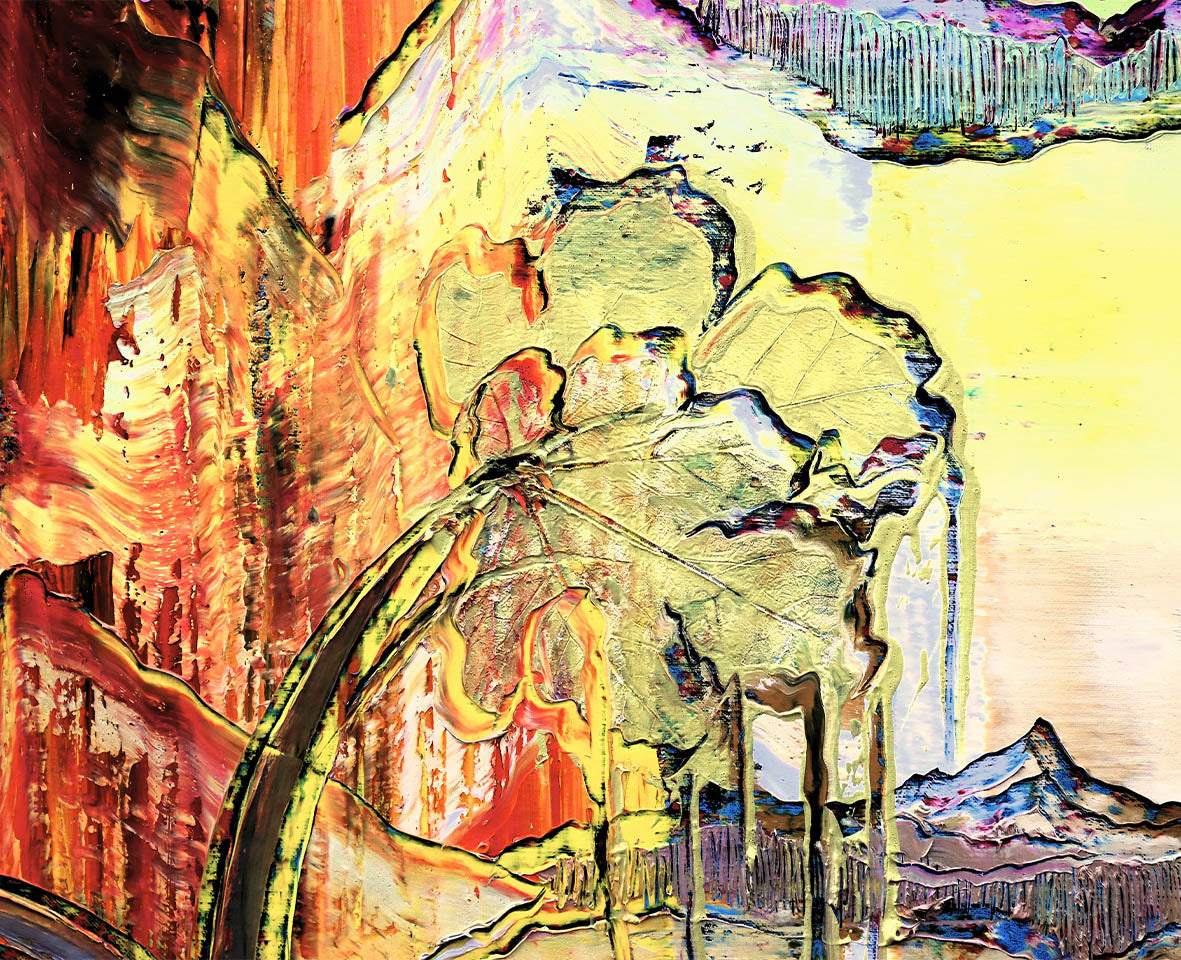 Detail des Gemäldes ‘Journey’ von Brixy – goldene Strukturen, fließende Formen und pastose Texturen mit landschaftlichen Elementen.
