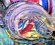 Detail des Gemäldes ‘Journey’ von Brixy – dynamische Pinselstriche, leuchtende Farben und eingravierte Signatur des Künstlers.