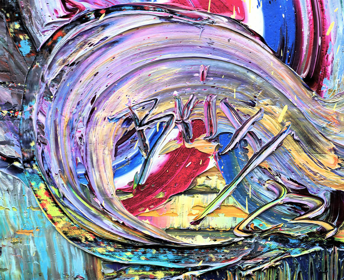 Detail des Gemäldes ‘Journey’ von Brixy – dynamische Pinselstriche, leuchtende Farben und eingravierte Signatur des Künstlers.