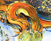 Nahaufnahme von ‘Journey’ von Brixy – kräftige Farbstrudel in Orange und Blau mit expressiven, pastosen Strukturen.