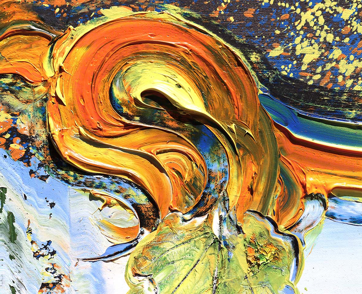 Nahaufnahme von ‘Journey’ von Brixy – kräftige Farbstrudel in Orange und Blau mit expressiven, pastosen Strukturen.