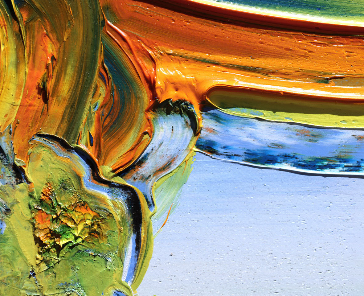Detail des Gemäldes ‘Journey’ von Brixy – kräftige Farben, pastose Strukturen und dynamische Pinselbewegungen in Nahaufnahme.