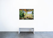 Gemälde ‘Journey’ von Brixy in der Geuer & Geuer Art Galerie – abstrakte Landschaftskomposition mit tiefen Grüntönen und fließenden Strukturen.