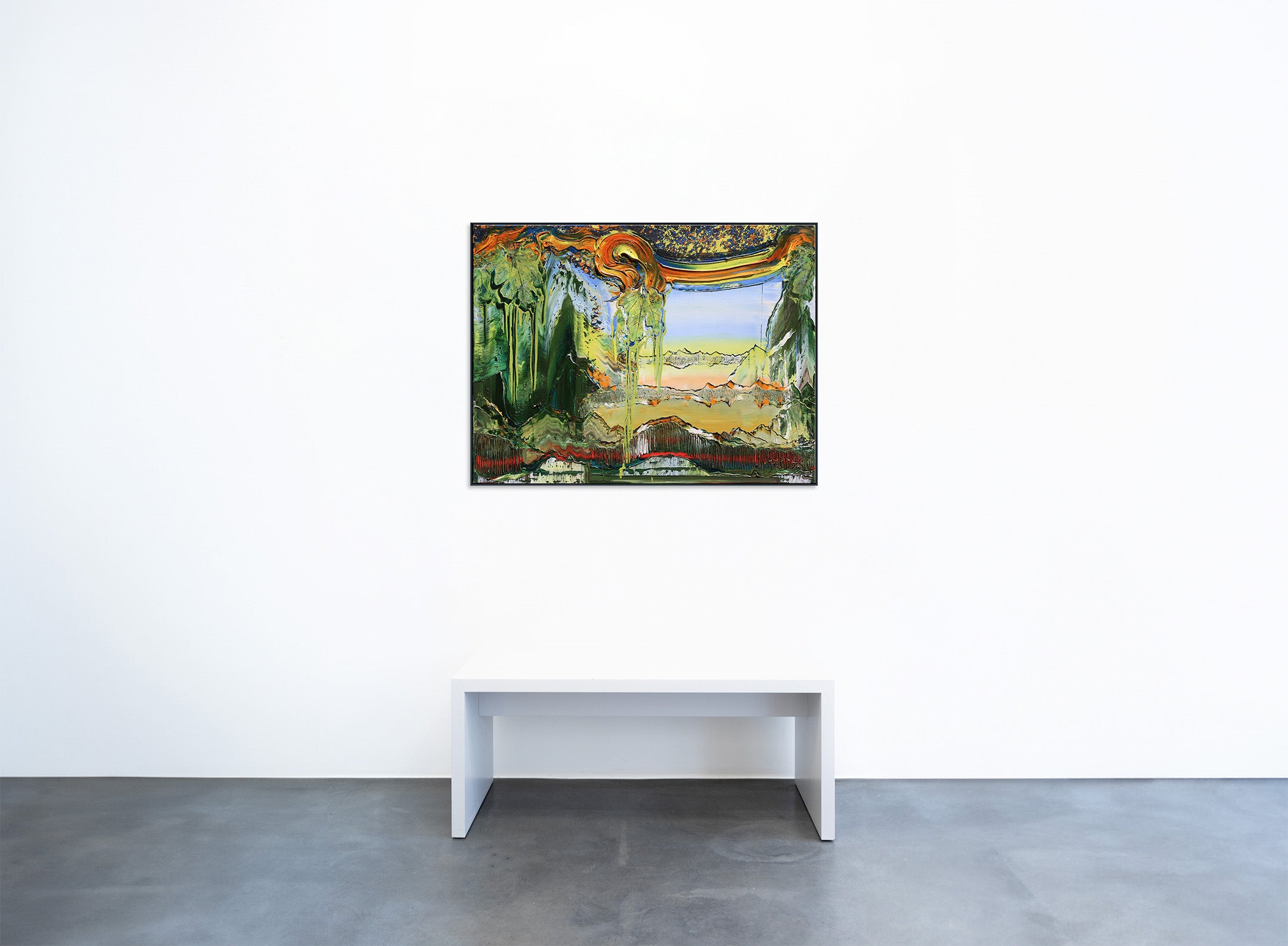 Gemälde ‘Journey’ von Brixy in der Geuer & Geuer Art Galerie – abstrakte Landschaftskomposition mit tiefen Grüntönen und fließenden Strukturen.
