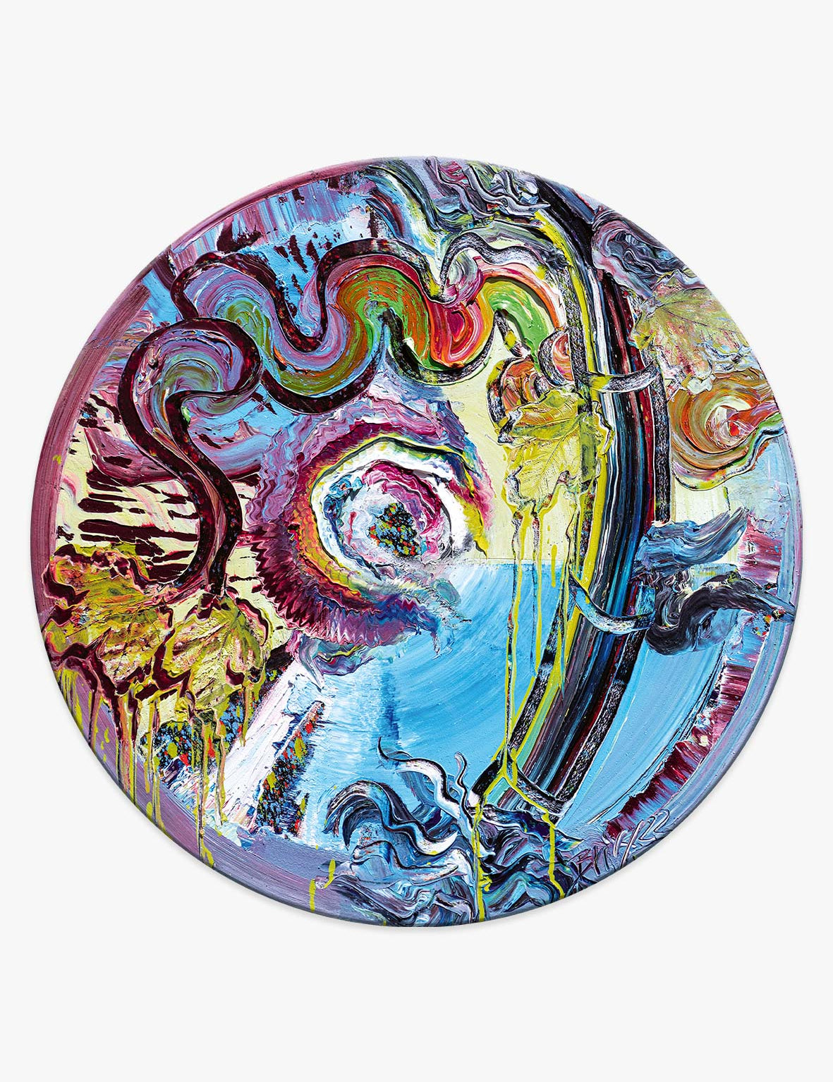 Rundes Kunstwerk ‘Say Yes Bamboo Bubble’ von Brixy – expressive abstrakte Malerei mit lebhaften Farben und dynamischen Strukturen.