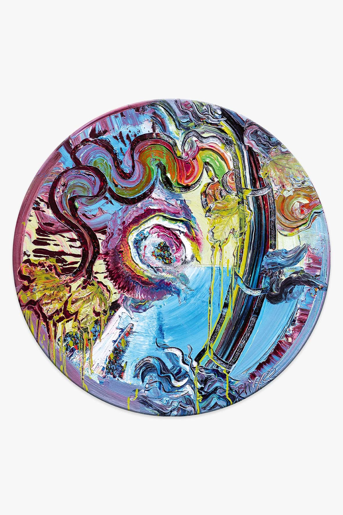 Rundes Kunstwerk ‘Say Yes Bamboo Bubble’ von Brixy – expressive abstrakte Malerei mit lebhaften Farben und dynamischen Strukturen.