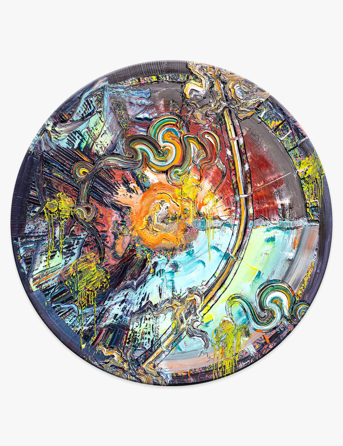 Dietmar Brixy – Tapestry Bamboo Bumble, einzigartiges Ölbild auf Nessel im runden Format Ø 180 cm, 2023, mit dynamischen Farbexplosionen 