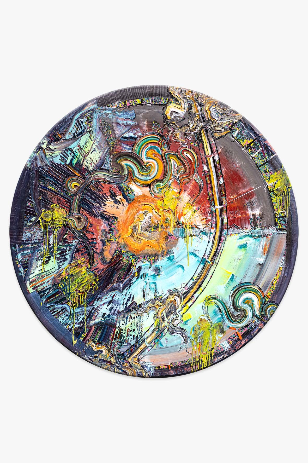 Dietmar Brixy – Tapestry Bamboo Bumble, einzigartiges Ölbild auf Nessel im runden Format Ø 180 cm, 2023, mit dynamischen Farbexplosionen 