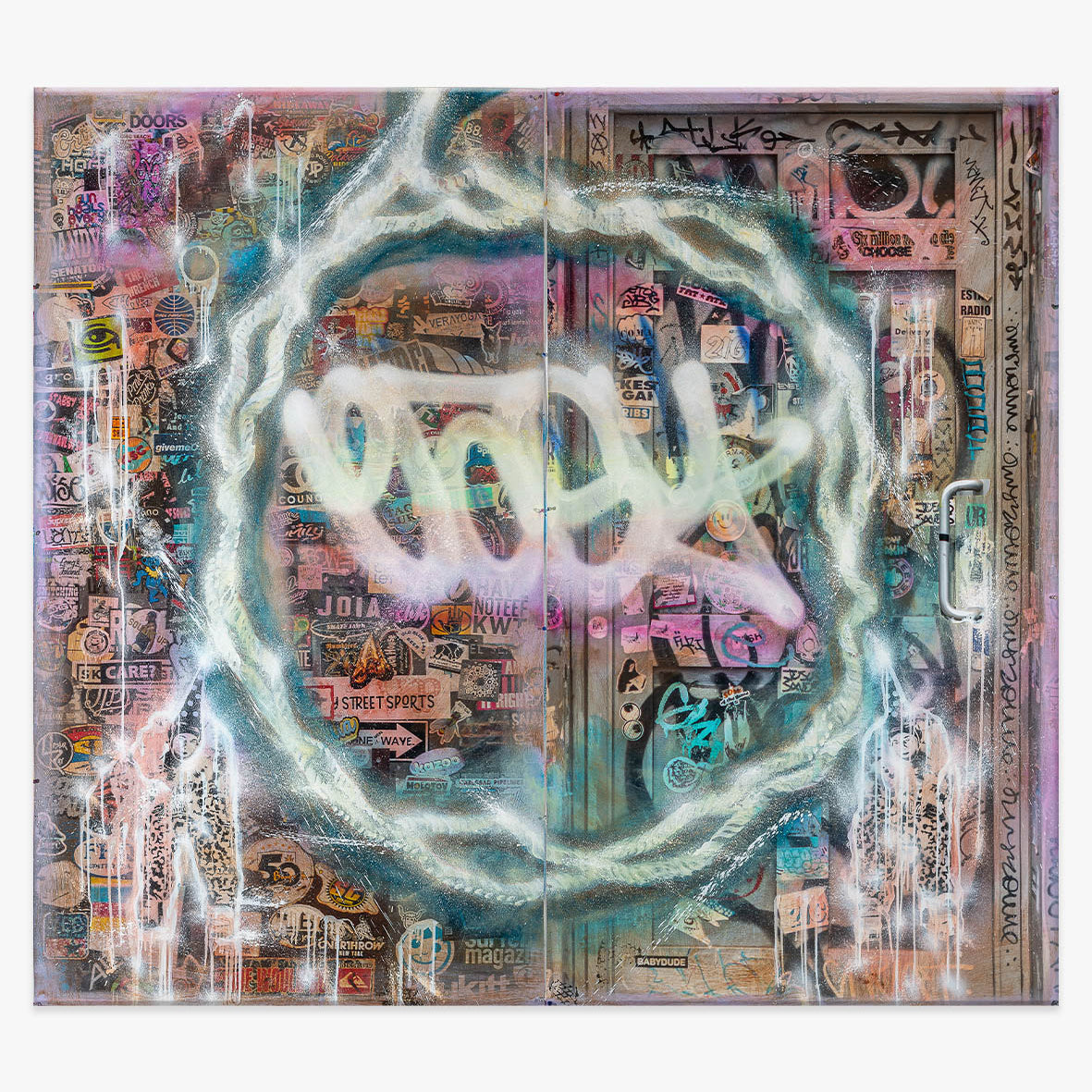 Gregory de la Haba – Easy Diptych #7, zeitgenössisches Diptychon aus Öl, Sprühfarbe und Markern auf bedruckter Leinwand, 199x224 cm
