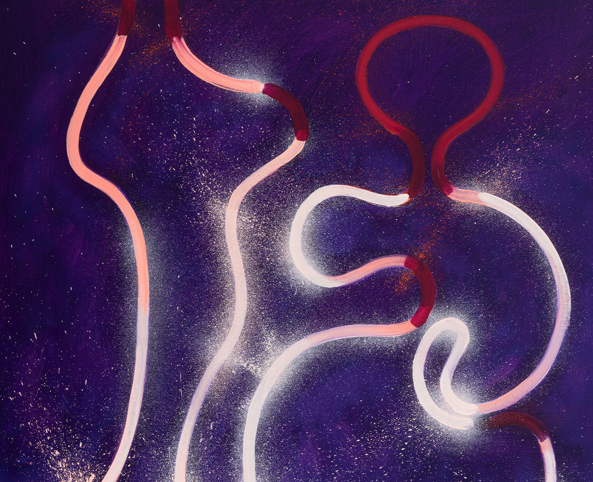 Detail aus ‘Study for Origins of Light #2’ von Gregory de la Haba – leuchtende Linien in Rosa und Weiß auf dunklem Violett.