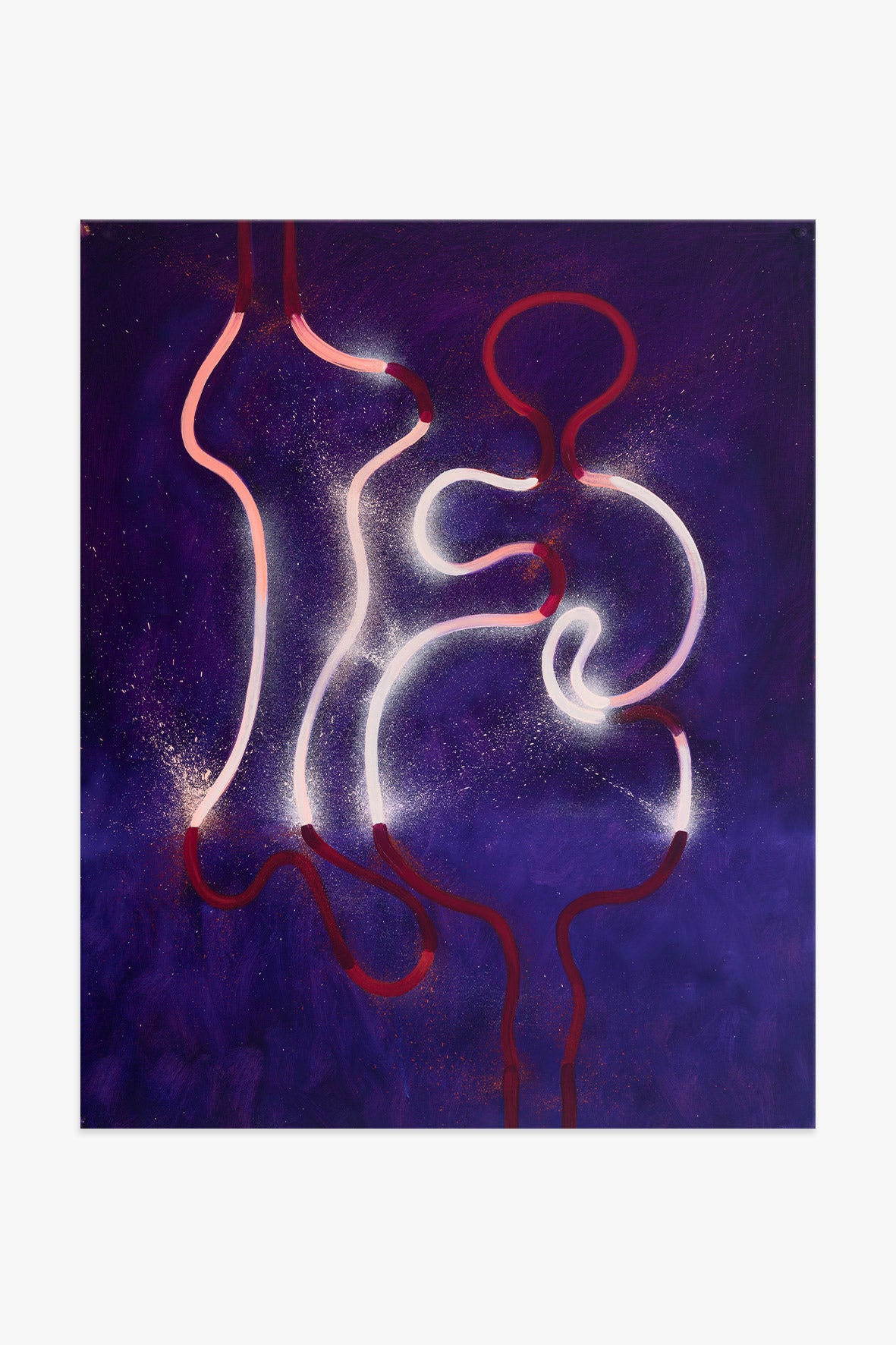 Kunstwerk ‘Study for Origins of Light #2’ von Gregory de la Haba – leuchtende Figurenlinien in Rot und Weiß auf violettem Grund.
