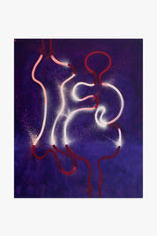 Kunstwerk ‘Study for Origins of Light #2’ von Gregory de la Haba – leuchtende Figurenlinien in Rot und Weiß auf violettem Grund.