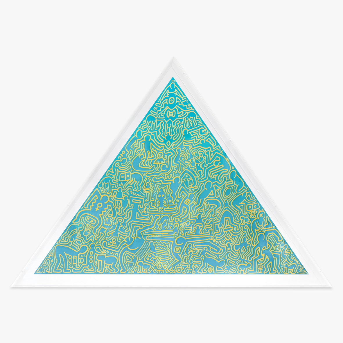 Kunstwerk Pyramid Blue von Keith Haring – blaue Fläche mit typischen gelben Linienfiguren.