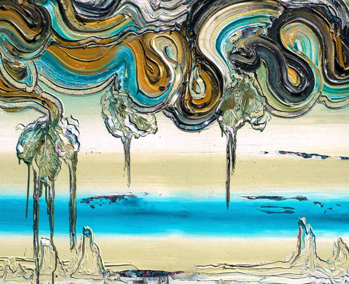 Detailaufnahme des Kunstwerks „Horizon" aus dem Jahr 2018 von Dietmar Brixy – plastische Farbschichten mit kräftigem Türkis.