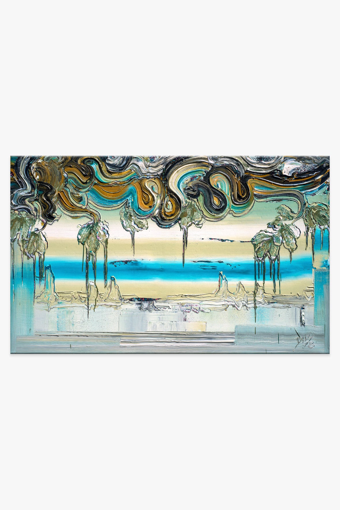 Kunstwerk „Horizon" aus dem Jahr 2018 von Dietmar Brixy – abstrakte Landschaft in Türkis, Grün und Braun mit dynamischen Farbstrukturen.