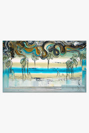 Kunstwerk „Horizon" aus dem Jahr 2018 von Dietmar Brixy – abstrakte Landschaft in Türkis, Grün und Braun mit dynamischen Farbstrukturen.