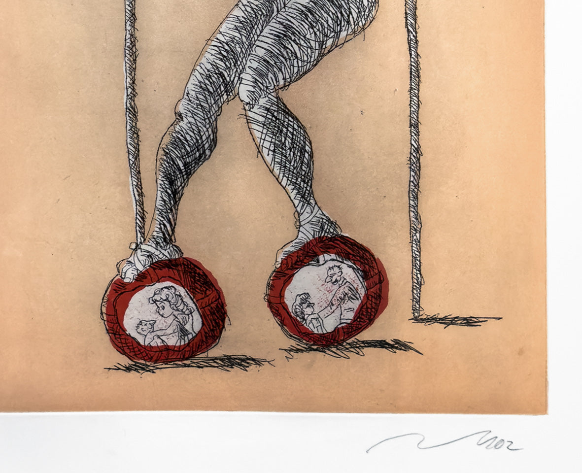 Detailaufnahme des Kunstwerks 'Dialog' von Jörg Immendorff – Räder mit roten Kreisen und Figuren.