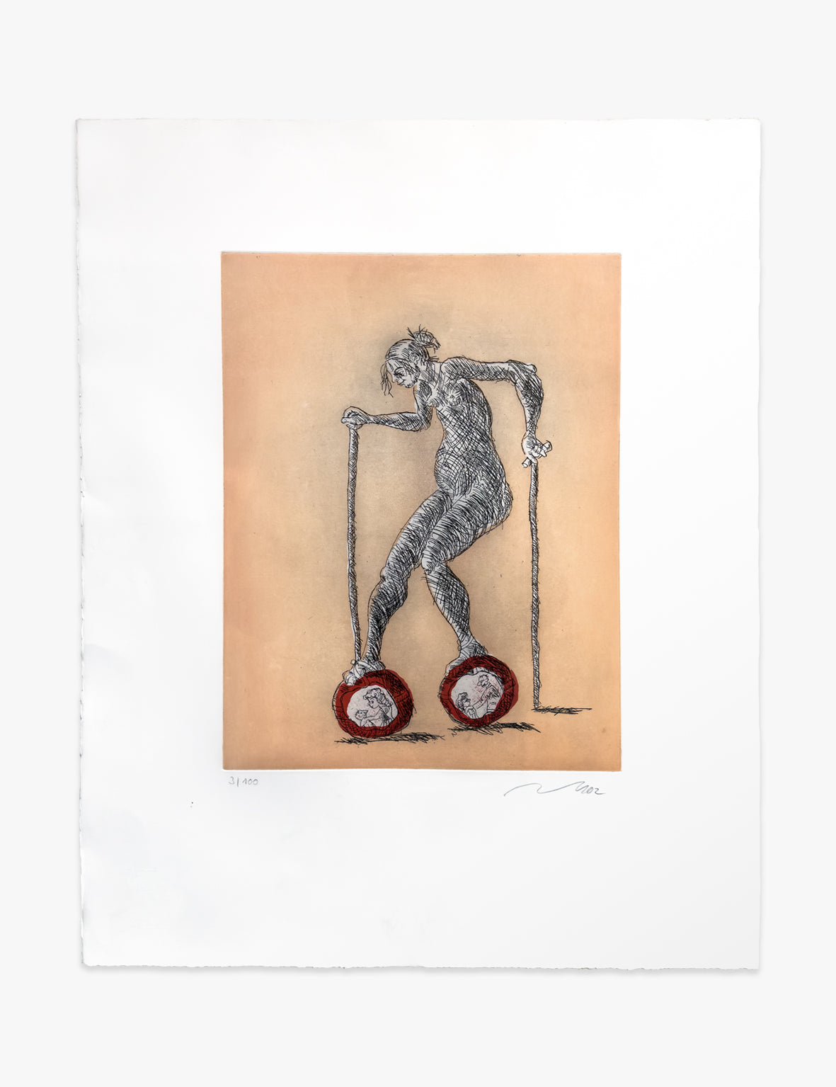 Kunstwerk 'Dialog' von Jörg Immendorff – Figur auf Rädern mit Stöcken vor beigem Hintergrund.