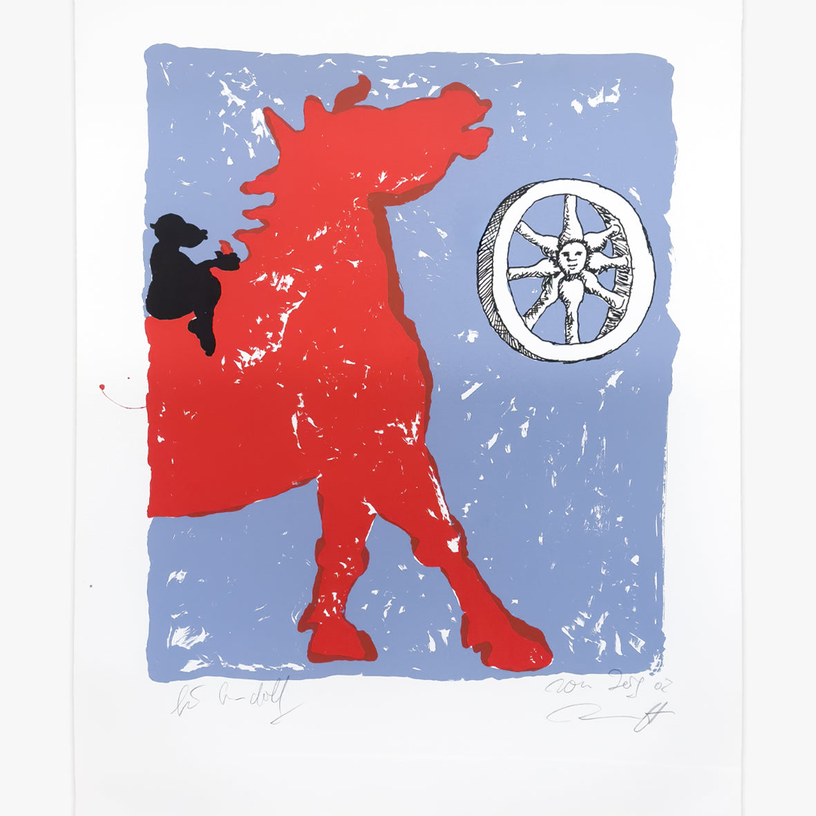 Kunstwerk 'Rotes Pferd' von Jörg Immendorff – rotes Pferd, blauer Hintergrund, Radsymbol.
