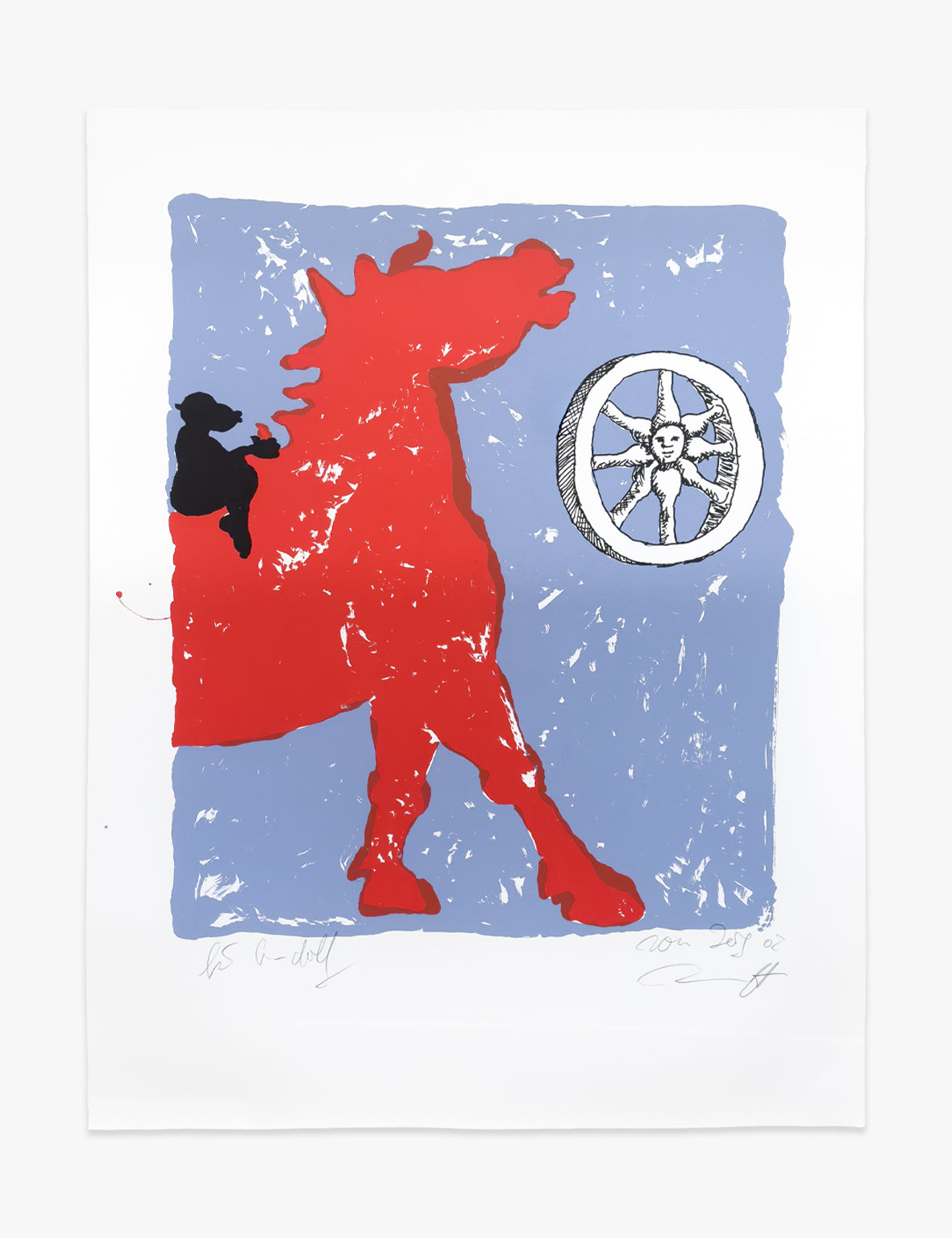 Kunstwerk 'Rotes Pferd' von Jörg Immendorff – rotes Pferd, blauer Hintergrund, Radsymbol.
