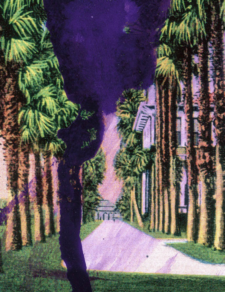 Detailaufnahme des Kunstwerks 'Palm Walk Hotel' von Julian Schnabel – Detail einer Allee mit Palmen und violettem Farbakzent.