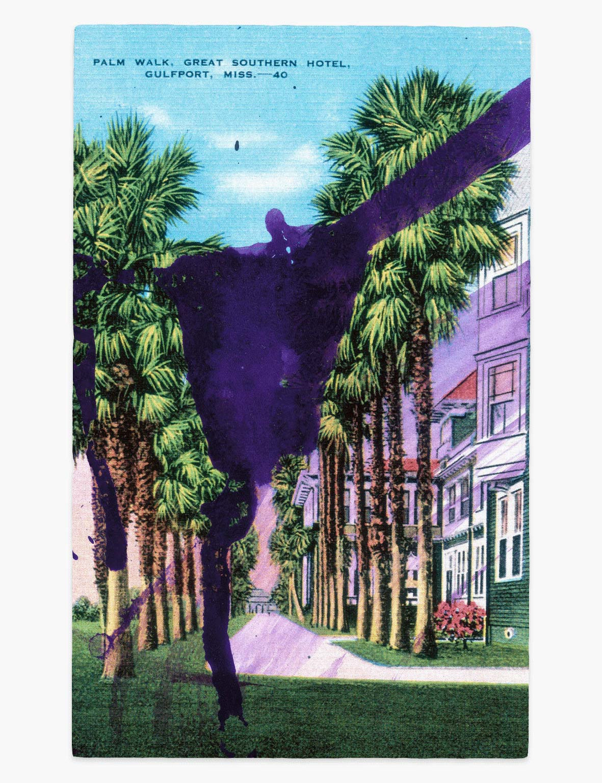 Kunstwerk 'Palm Walk Hotel' von Julian Schnabel – Postkartenmotiv mit violetter Silhouette und Palmenweg.