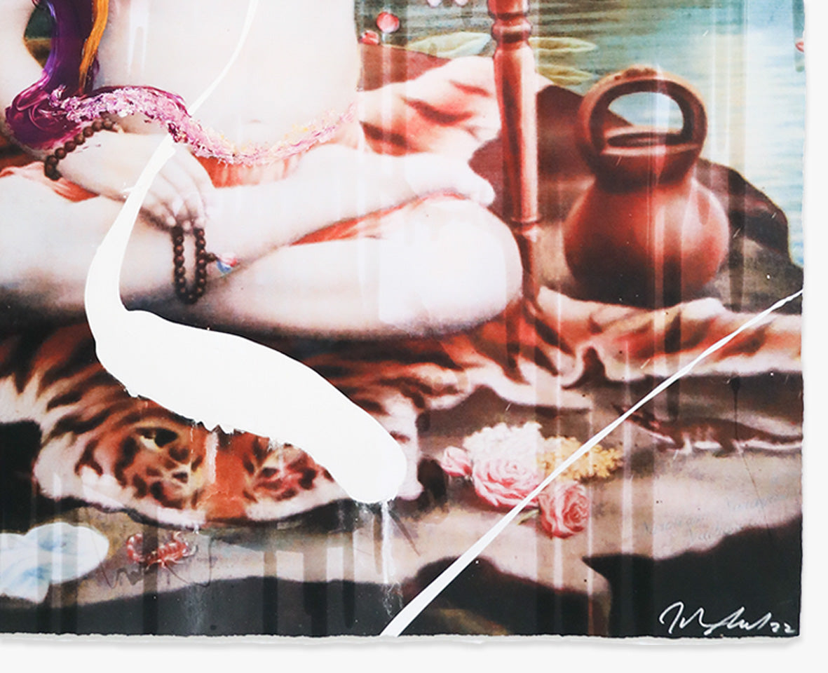 Detail des Kunstwerks Shiva von Julian Schnabel – Pinselstriche auf gedrucktem Bild mit Signatur.