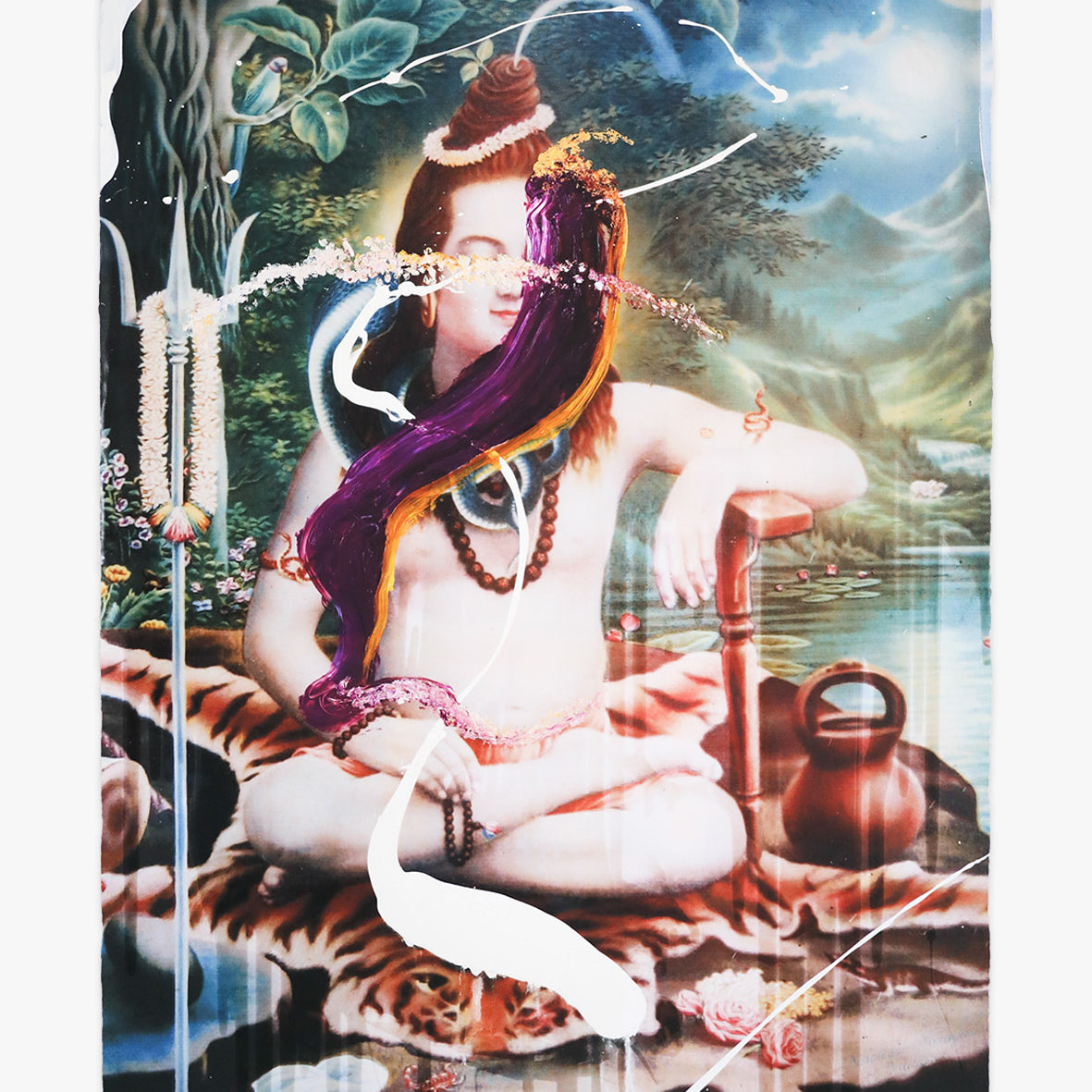 Kunstwerk Shiva von Julian Schnabel – sitzende Figur mit violetten und weißen Pinselstrichen.