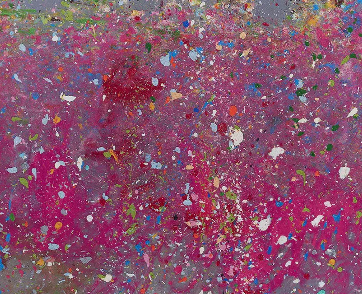 Detailaufnahme des Kunstwerks „Kynance Cove“ von Damien Hirst – pinke und bunte Farbflecken in verschiedenen Formen.