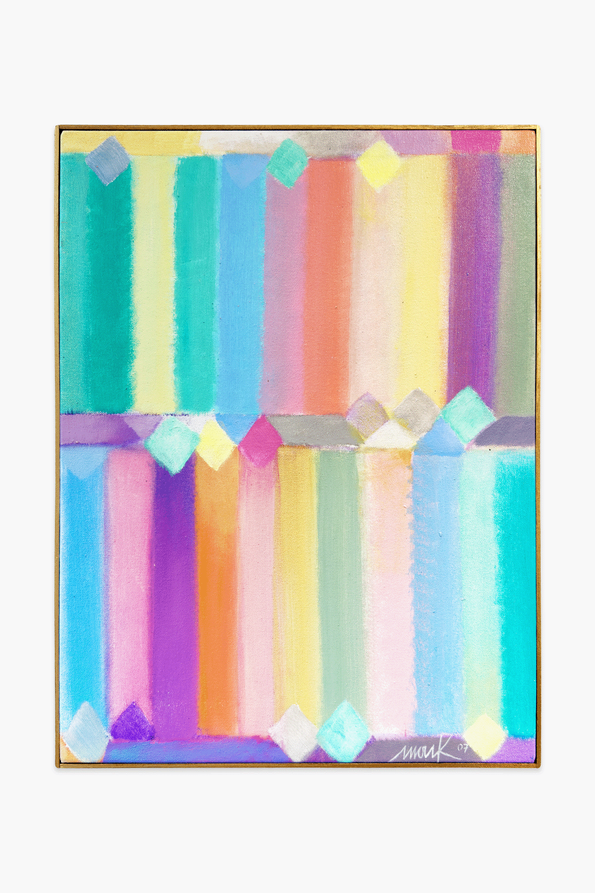 Das Heinz Mack-Gemälde „Colors for a young girl (Chromatische Konstellation)“ von Geuer & Geuer zeigt vertikale Säulen mit leuchtenden Farbverläufen – Blaugrün, Rosa, Orange, Gelb, Lila und Grün – die von Rautenformen auf Acryl-Leinwand durchzogen sind und so einen fesselnden geometrischen Reiz bieten.