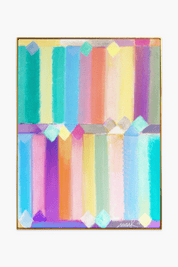 Das Heinz Mack-Gemälde „Colors for a young girl (Chromatische Konstellation)“ von Geuer & Geuer zeigt vertikale Säulen mit leuchtenden Farbverläufen – Blaugrün, Rosa, Orange, Gelb, Lila und Grün – die von Rautenformen auf Acryl-Leinwand durchzogen sind und so einen fesselnden geometrischen Reiz bieten.