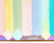 Das abstrakte Gemälde „Colors for a young girl (Chromatische Konstellation)“ von Heinz Mack zeigt vertikale Pastellstreifen in den Farbtönen Gelb, Grün, Rosa, Blau und Blaugrün. Dreieckige Formen ergänzen das Design. Dieses einzigartige Acrylbild auf Leinwand von Geuer & Geuer ist unten rechts vom Künstler 07 signiert.