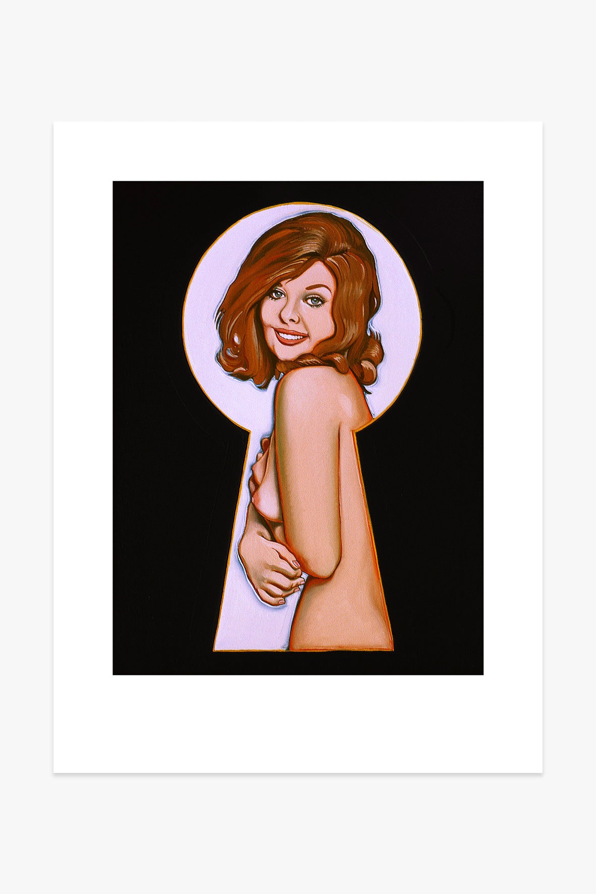 Produkt von Geuer & Geuer: „Mel Ramos – Peek-a-Boo Portfolio (Blatt 4)“, ein im Giclée-Druckverfahren hergestelltes, signiertes und nummeriertes Kunstwerk, das eine lächelnde nackte Person mit schulterlangem braunem Haar zeigt, das von einer schwarzen Schlüssellochform eingerahmt wird.