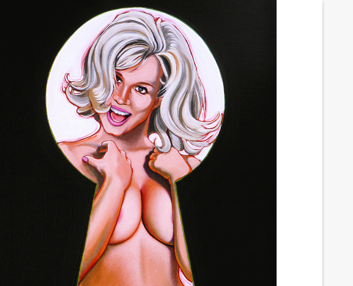 Detailaufnahme des Kunstwerks 'Peek-a-Boo 1' von Mel Ramos – lachendes Gesicht einer nackten Frau mit weißem Haar im Schlüsselloch.