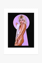 Kunstwerk 'Peek-a-Boo 6' von Mel Ramos – nackte Frau mit blondem Haar und weißem Tuch im Schlüsselloch vor schwarzem Hintergrund.