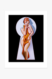 Kunstwerk 'Peek-a-Boo with Towel' von Mel Ramos – Frau mit orangenem Tuch im Schlüsselloch mit schwarzem Hintergrund.