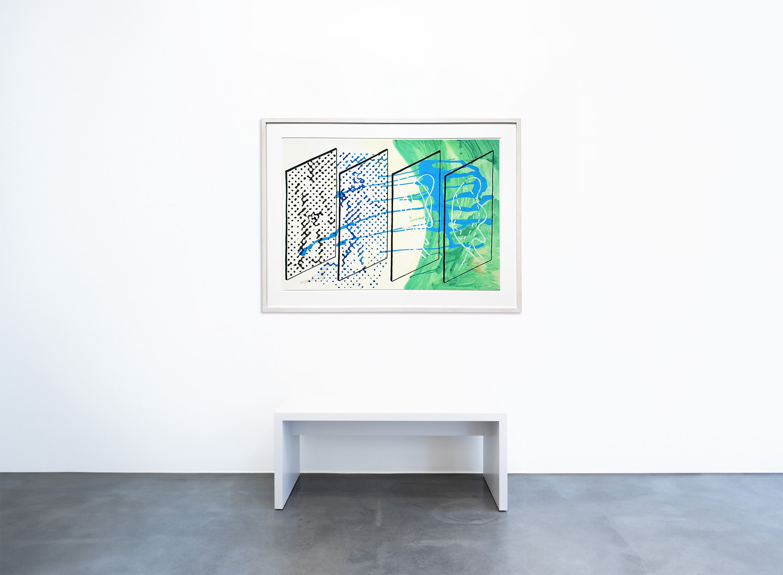 Kunstwerk 'Ohne Titel 1992' von Sigmar Polke in der Geuer & Geuer Art Galerie – Abstrakte Komposition mit Linien und Punkten auf gelben und grünen Hintergrund.
