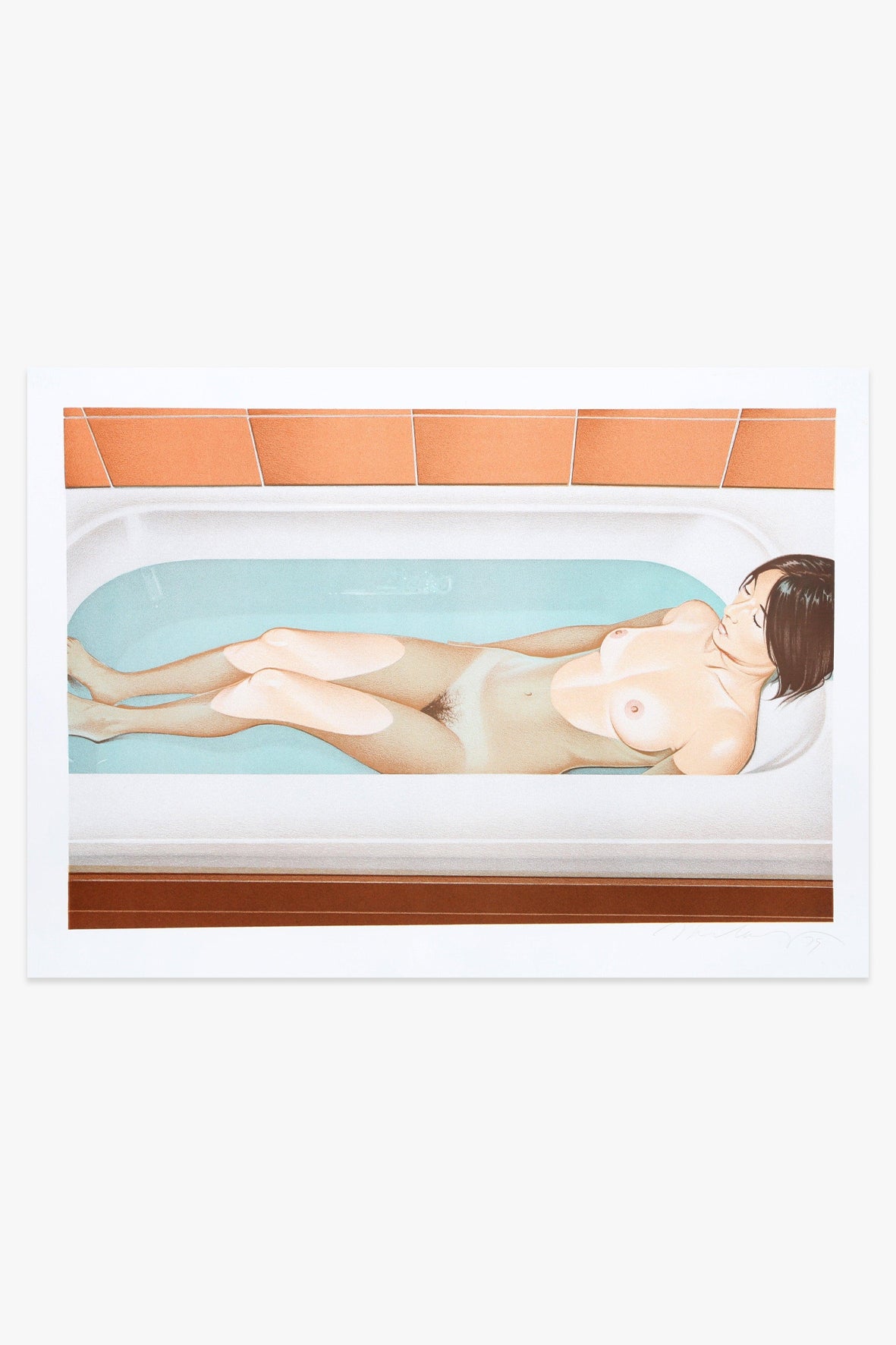 Kunstwerk 'Bonnard’s Bath' von Mel Ramos – nackte Frau mit dunklem Haar in Badewanne mit türkisfarbenem Wasser.