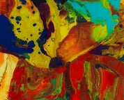 Detail des Kunstwerks Bagdad P9 von Richter – wirbelnde gelbe, rote und blaue Farbschichten.