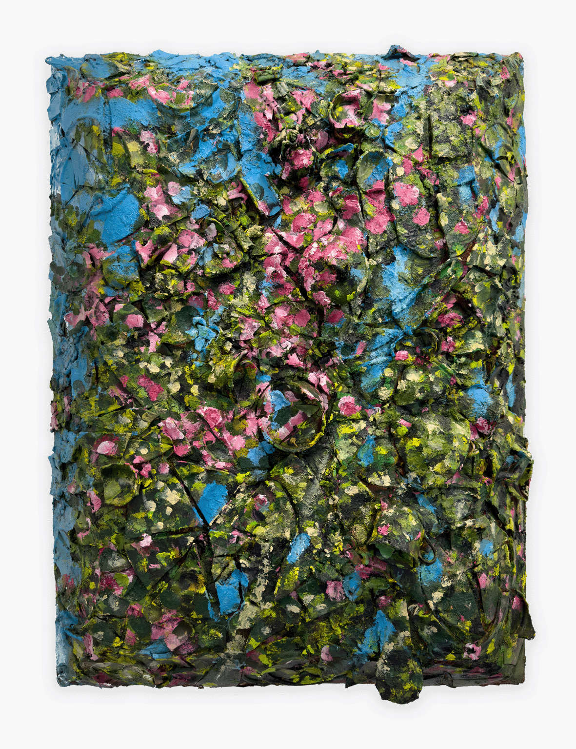 Dieses unbetitelte Kunstwerk von Julian Schnabel von Geuer & Geuer ähnelt einem Tellergemälde und zeigt strukturierte abstrakte Kunst mit leuchtenden Farben. Dominante Blau-, Rosa-, Grün- und Schwarztöne bilden ein unregelmäßiges und dynamisches Schichtmuster mit dreidimensionaler Wirkung.